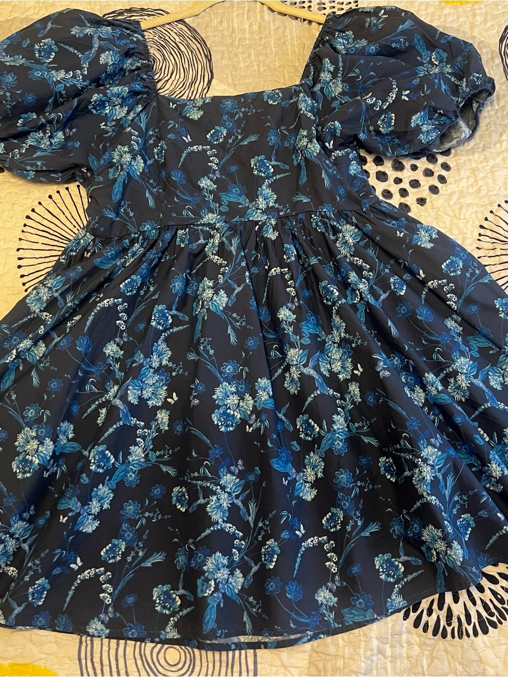 Forever 21 Navy Floral Puff-Sleeve Dress with Blue Accents
